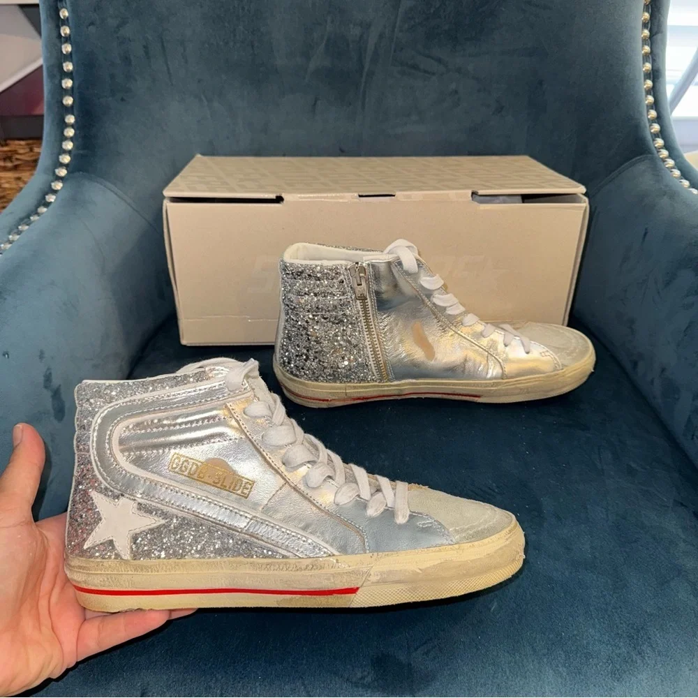 New Size 36 Golden Goose Slide Glitter High Top Sneakers Silver Ice White